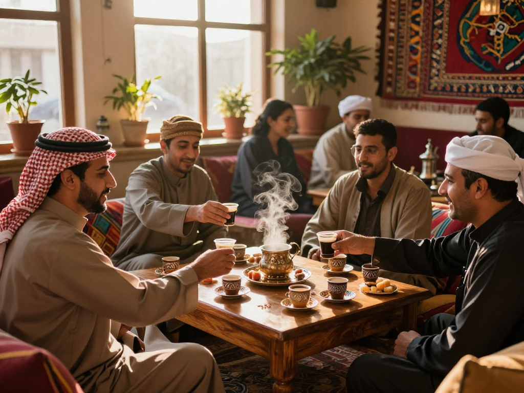 قهوجي وصبابين يقدمون القهوة في مقهى تقليدي مع أجواء دافئة