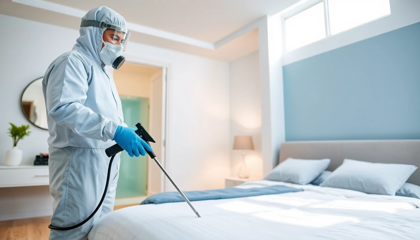 Expert applying bed bug treatment in a clean bedroom during pest control inspection.