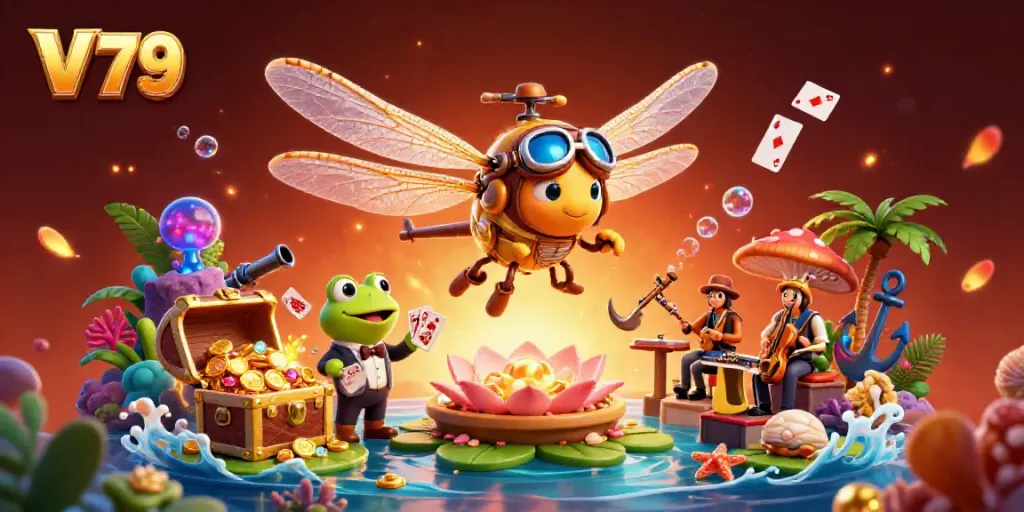 Experience the exciting gambling world of V 79 with a dragonfly pilot and frog croupier in a vibrant casino scene.
