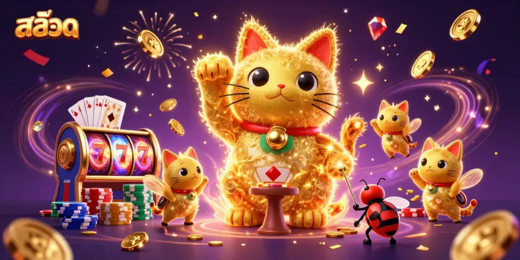 Experience thrilling สล็อต action with a vibrant illustration of a lucky cat amidst lively slot symbols.
