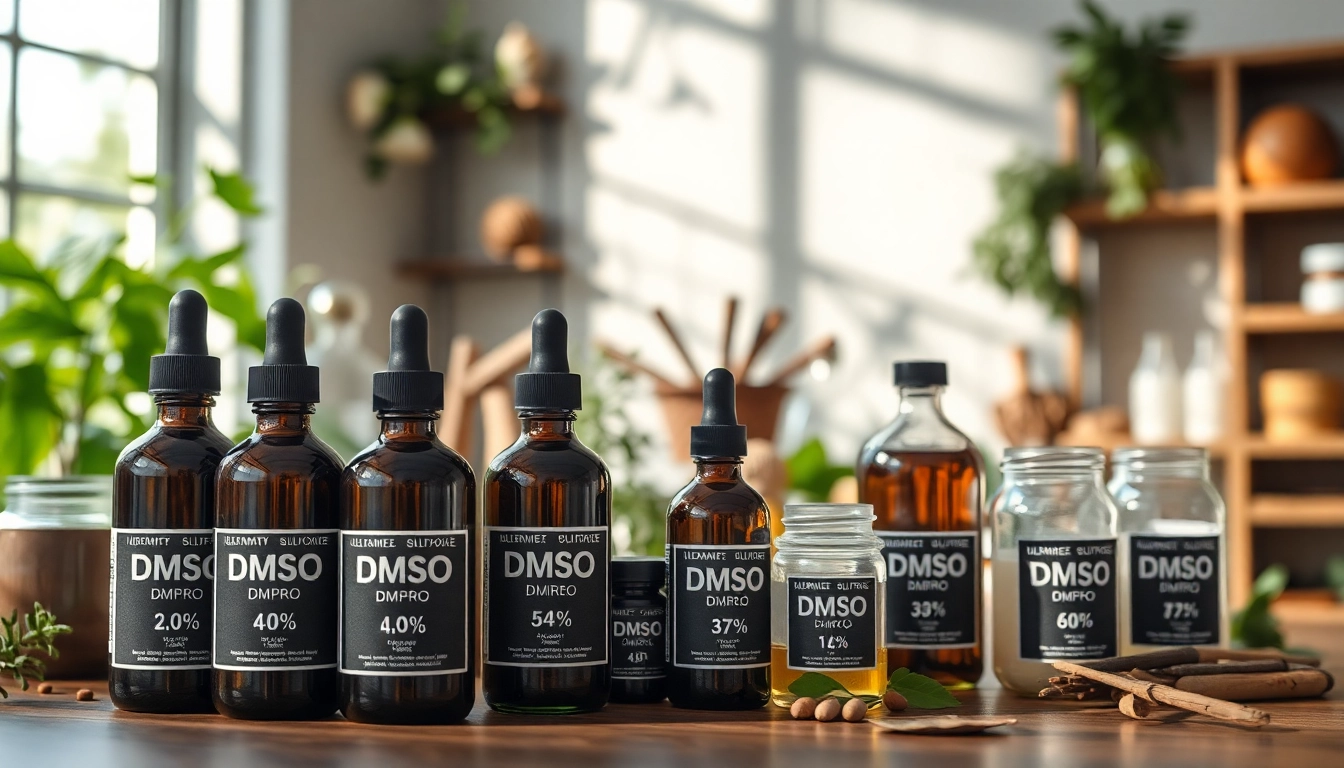 Showcase DMSO Store Inc products organized artistically in a calming apothecary.