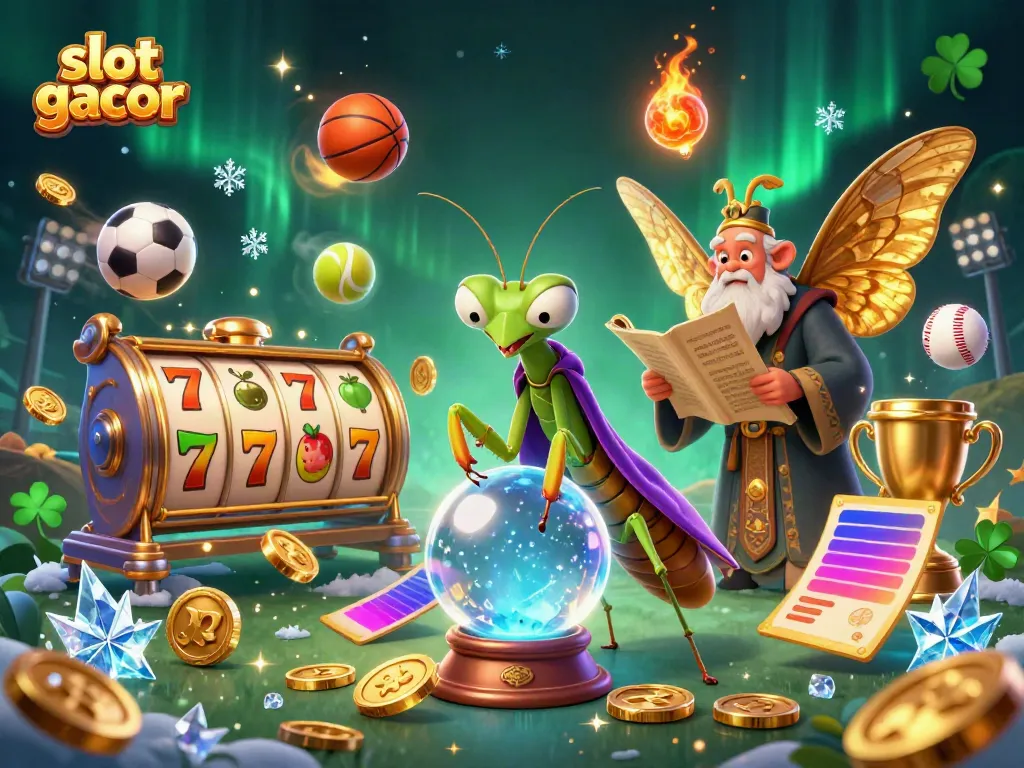 Engage with the luck of slot gacor as a cartoon praying mantis fortune teller reveals fortunes with magical visuals.