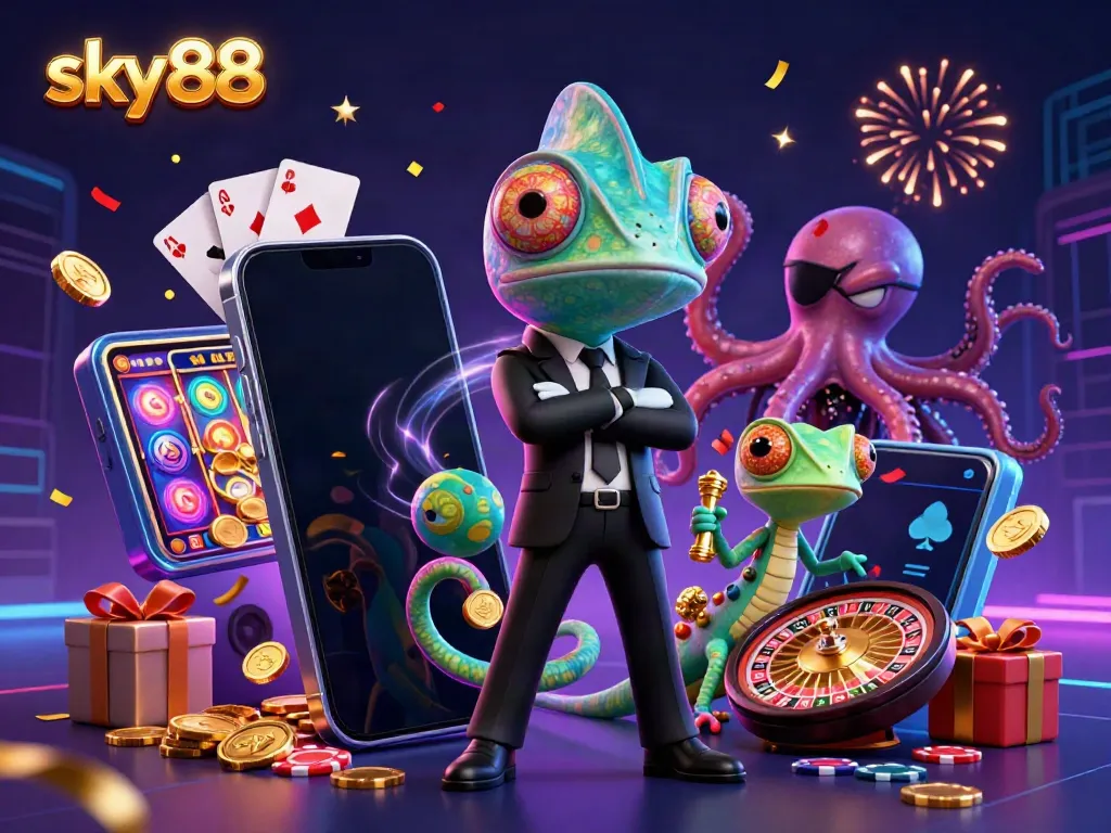 Experience thrilling play at sky88 with dynamic characters and engaging casino elements in a colorful scene.