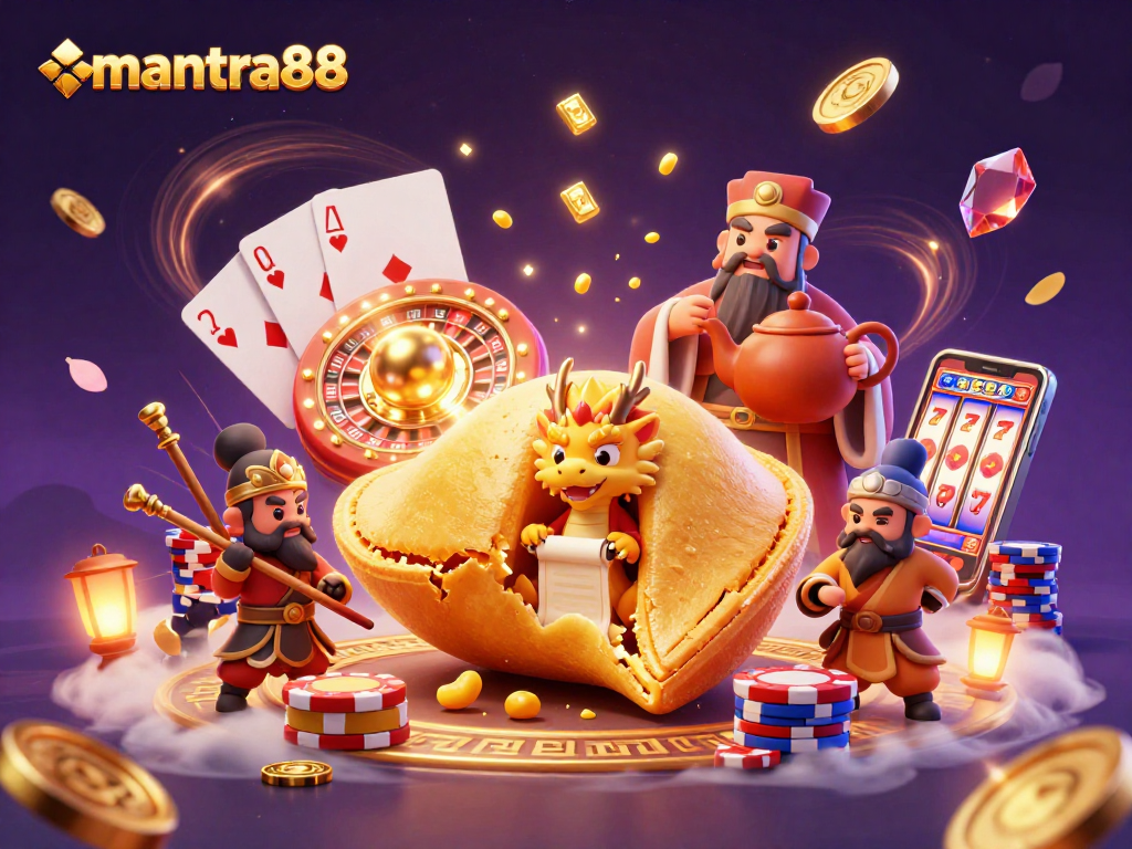 Experience exhilarating wins with mantra88 in this vibrant casino illustration packed with golden elements.