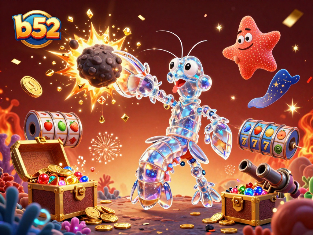Engage with the vibrant b 52 casino scene featuring galactic characters exploring exploding treasures and gaming elements.