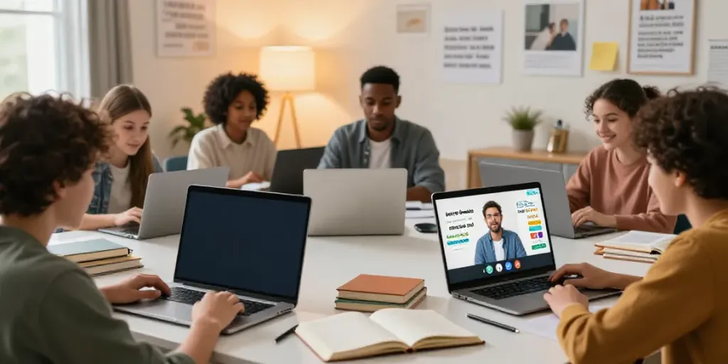 Interactive online English learning with diverse students in a vibrant digital classroom.