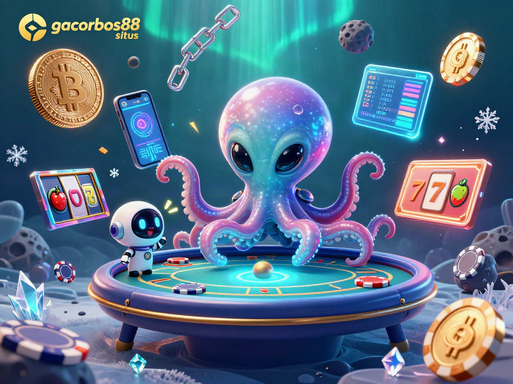 Engage with the thrilling world of gacorbos88 situs, featuring a vibrant alien poker scene and cryptocurrency elements.