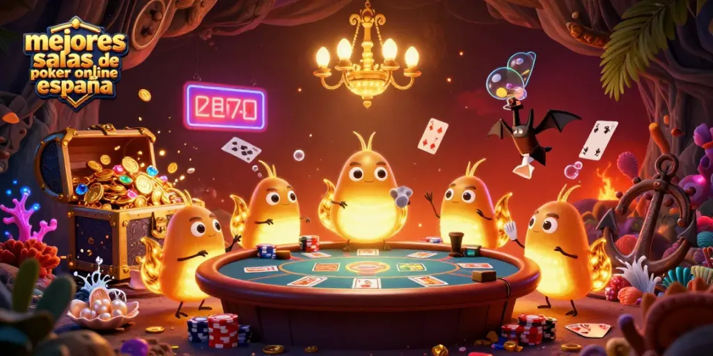 Ilustración de mejores salas de poker online España con gusanos de luz en un casino submarino iluminado.
