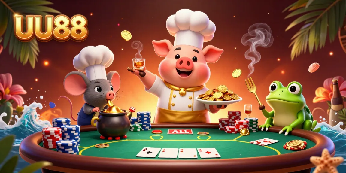 UU88 casino promotional scene with a chef pig, cooking gold coins, and poker elements.