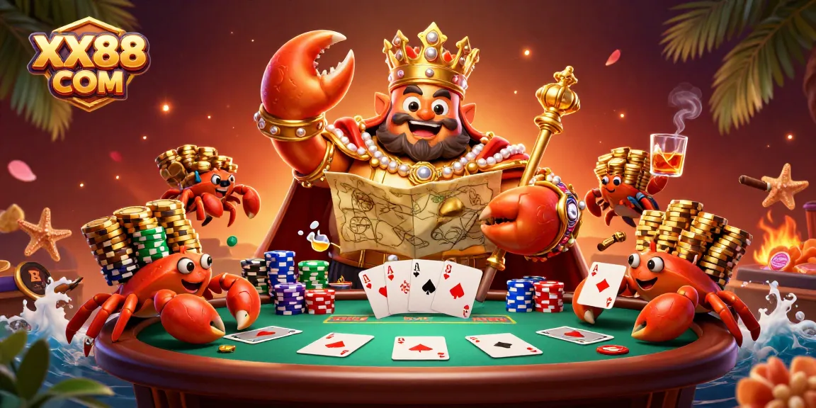 Engage with the vibrant gameplay at XX88 COM featuring a golden crab emperor and poker action.