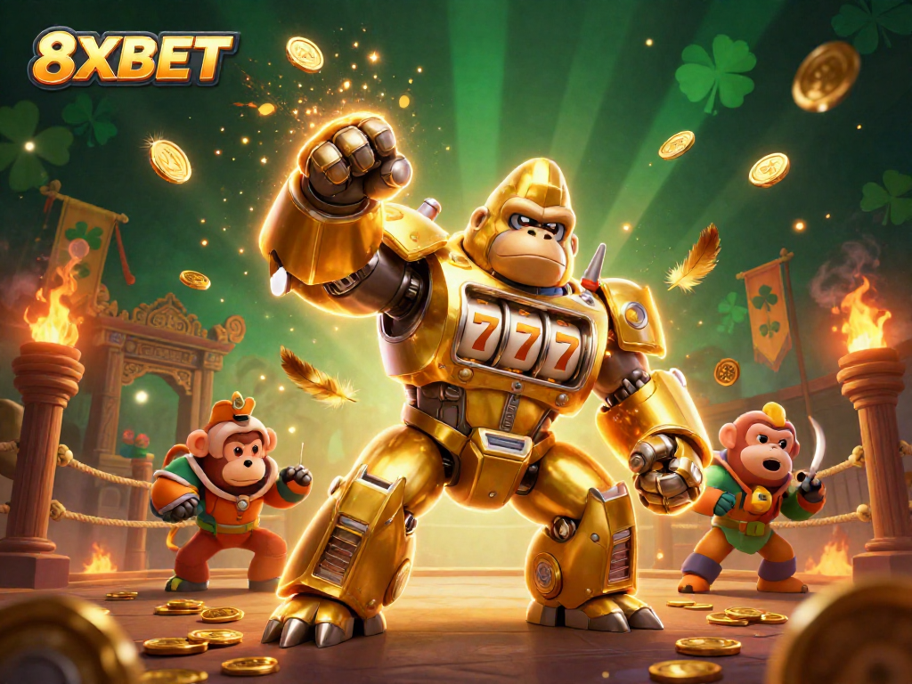 Engage with thrilling gameplay at 8XBET with a golden gorilla mech, explosive coins, and dynamic casino elements.