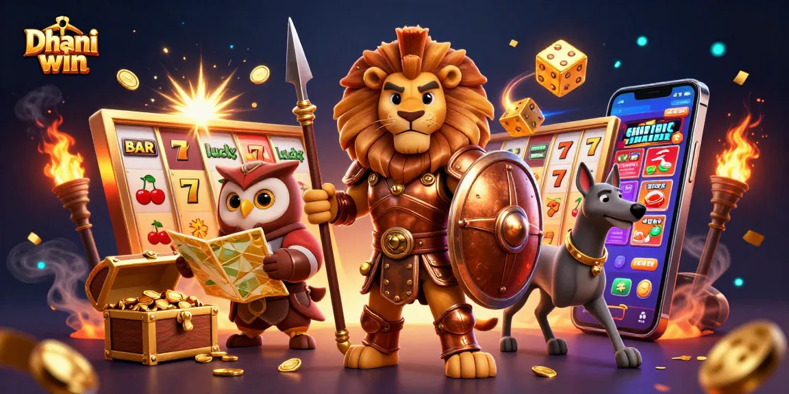 Dhani win captures thrilling gaming action with a lion warrior and strategic owl amidst vibrant slots and coins.