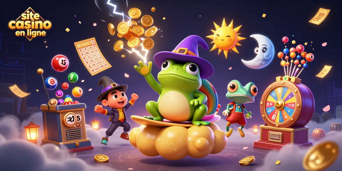 Jouez sur un site casino en ligne avec une illustration ludique de jeux de loterie et des personnages magiques.
