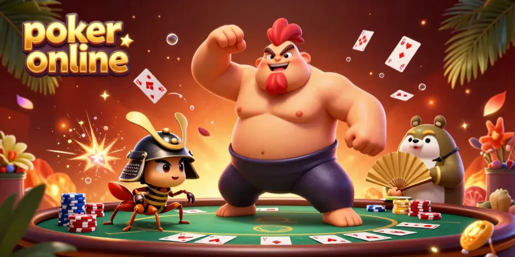 Experience the thrill of poker online with a colorful 3D scene featuring characters and dynamic elements.