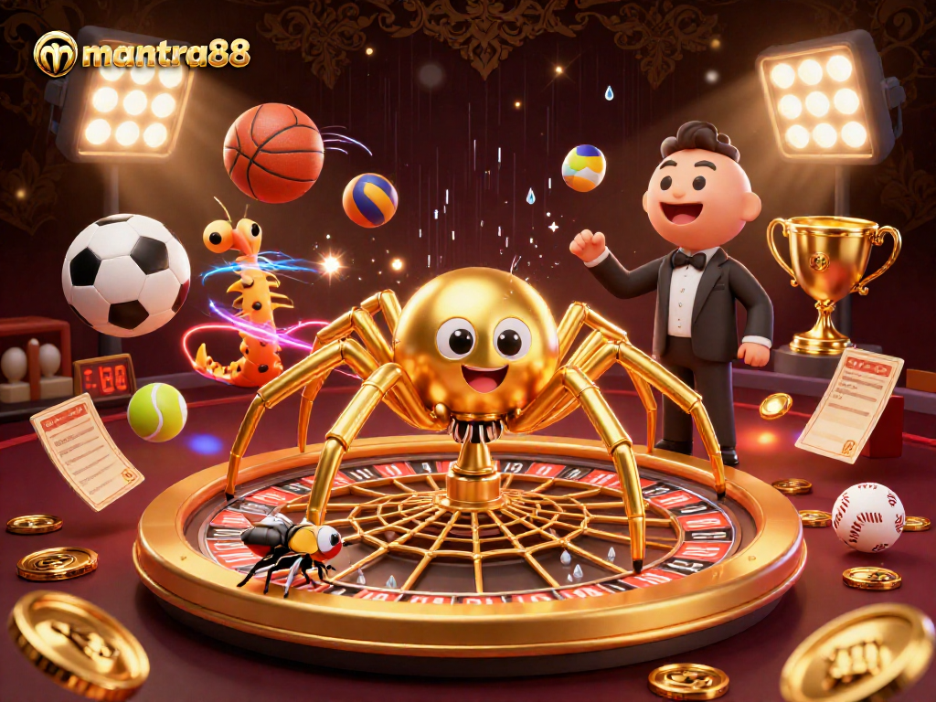 Place bets at mantra88 with a golden spider and a centipede croupier in an exciting roulette scene.