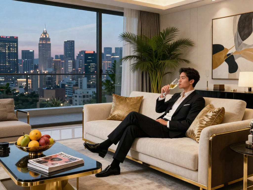 LUXURY 111 gaya hidup modern dengan pemandangan kota dan dekorasi elegan.