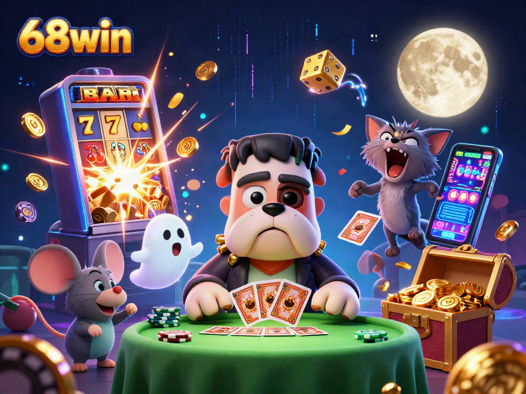 Experience the excitement of 68win with a vibrant 3D illustration of a Frankenstein bulldog monster dealing cards.