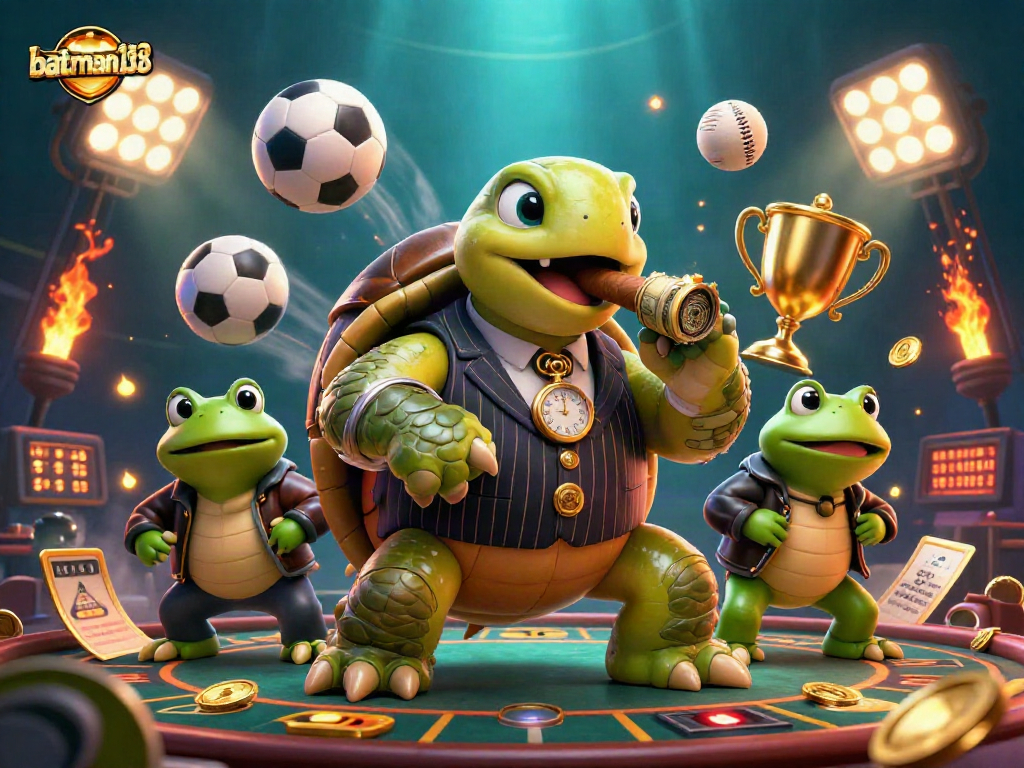 Bet on batman138 with a vivid scene of a cartoon snapping turtle and bullfrogs amidst dynamic sports elements.