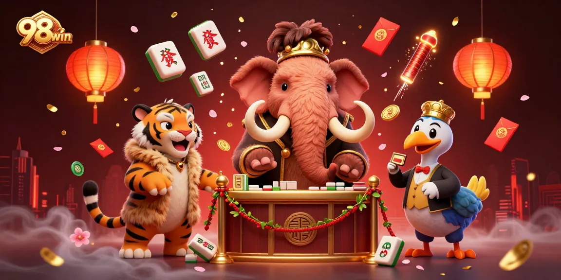 Experience the thrill of gaming at 98win with a woolly mammoth bouncer welcoming VIP guests in a vibrant casino setting.