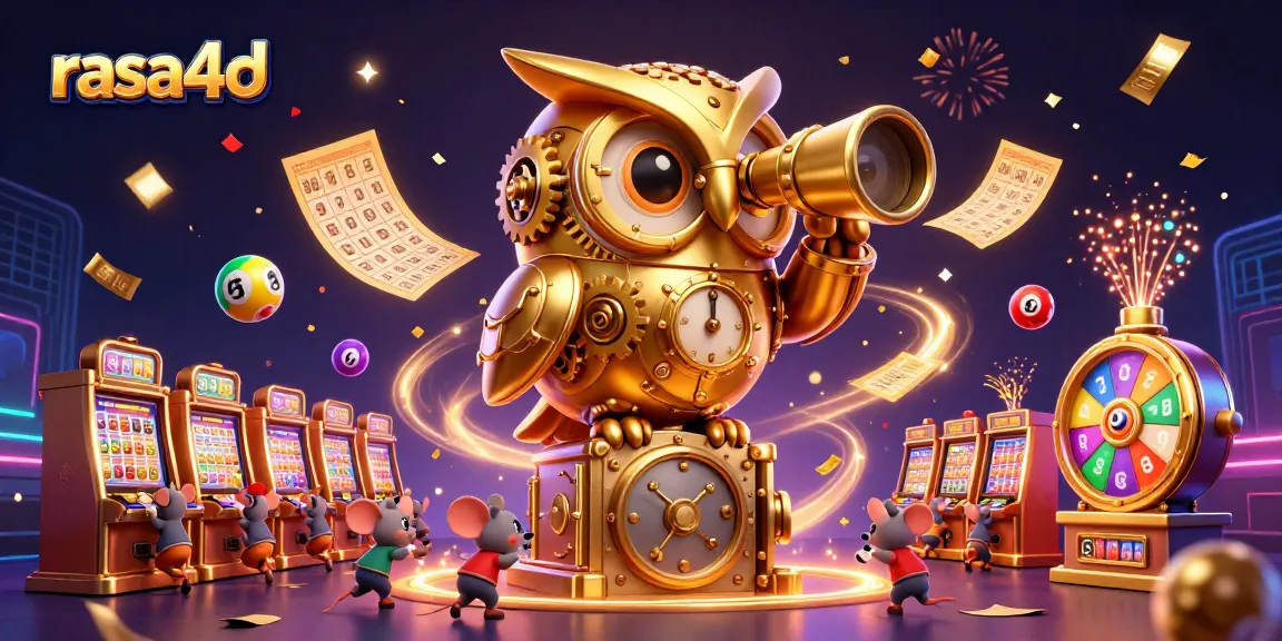 Rasa4d menunjukkan jam besar berbentuk owl mengawasi lantai kasino dengan bola lotre berwarna-warni yang melambung.