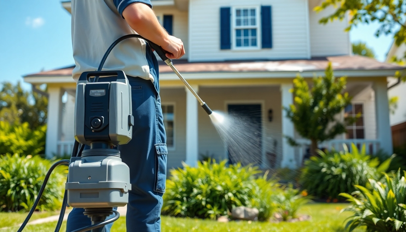 Engaging house washing scene showcasing a professional cleaning service in action.