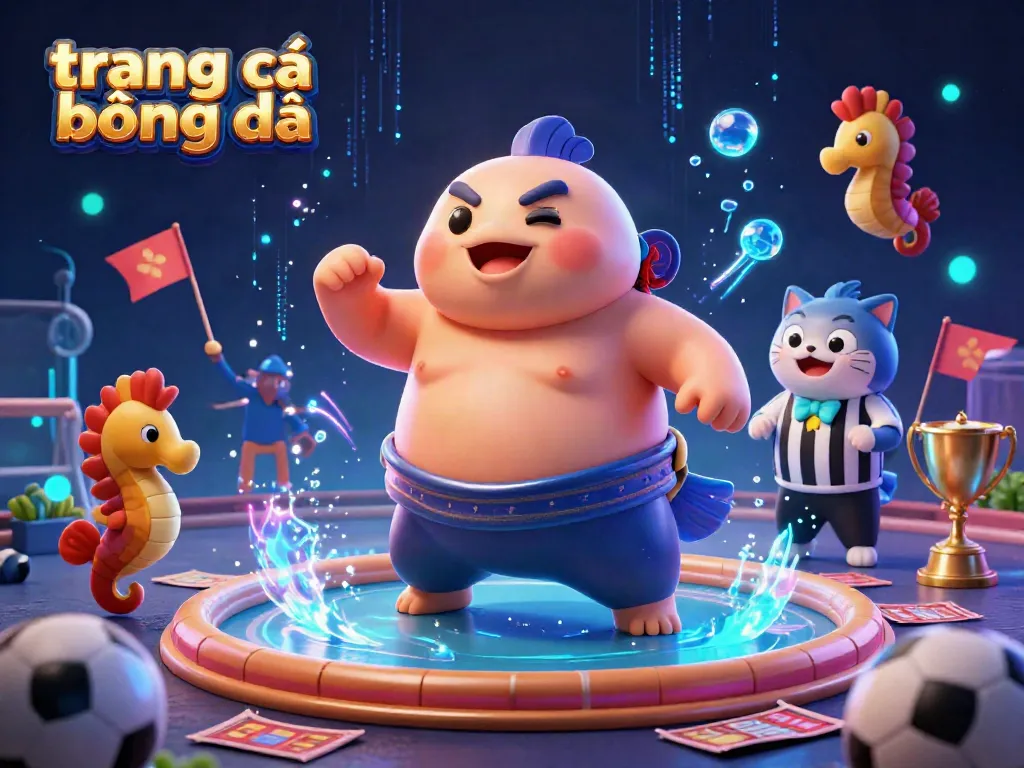 trang cá cược bóng đá với cá fugu tròn lớn và trọng tài cá catfish tại một sân vận động sống động
