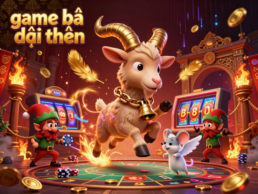 Engage in thrilling game bài đổi thưởng with a festive casino scene featuring Krampus, an angel mouse, and elf gremlins.
