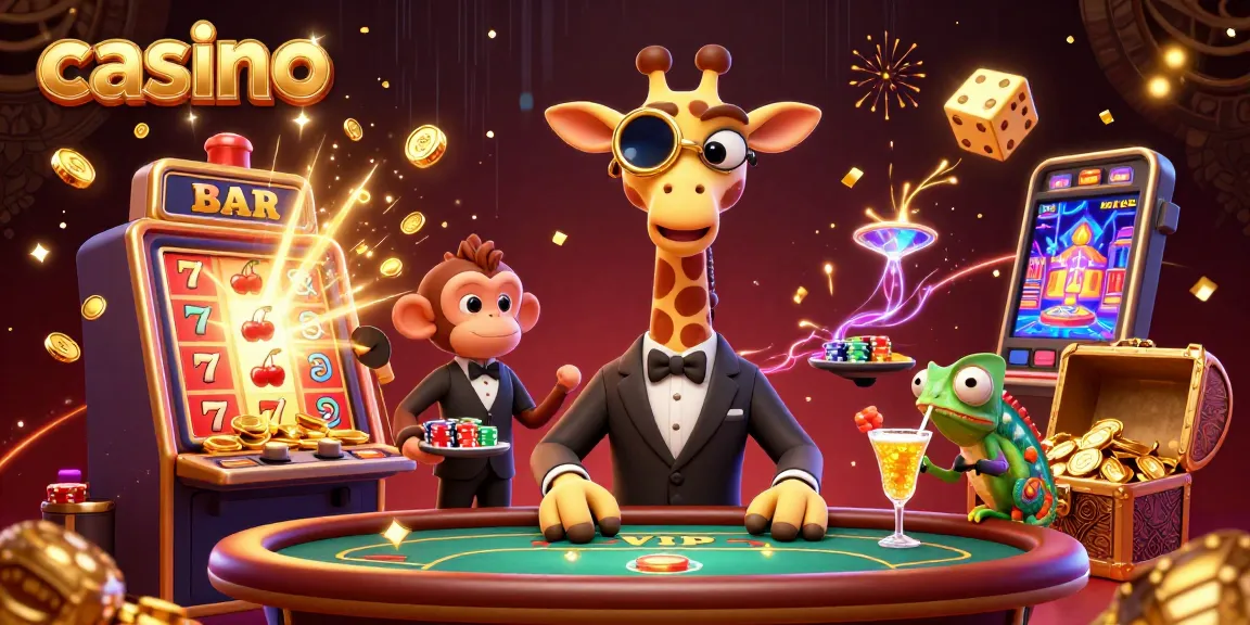 Experience thrilling casino action with a giraffe high-roller and dynamic game elements in a vibrant scene.