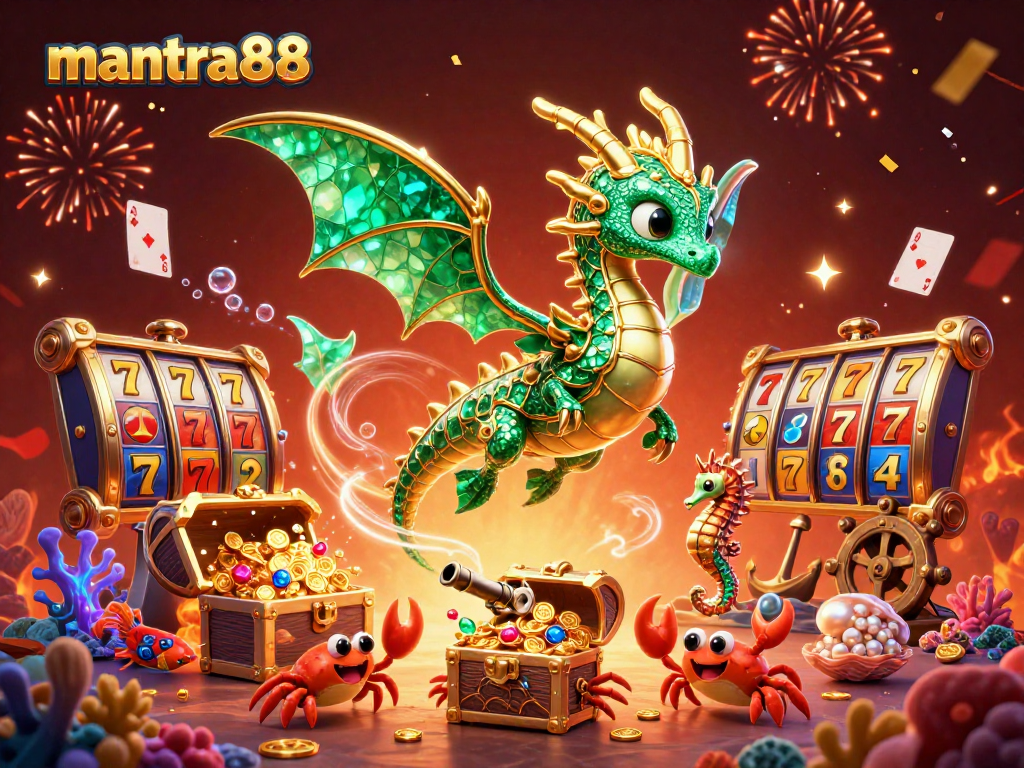 Play and win big at mantra88 with vibrant slot games featuring a magical sea dragon and treasure.