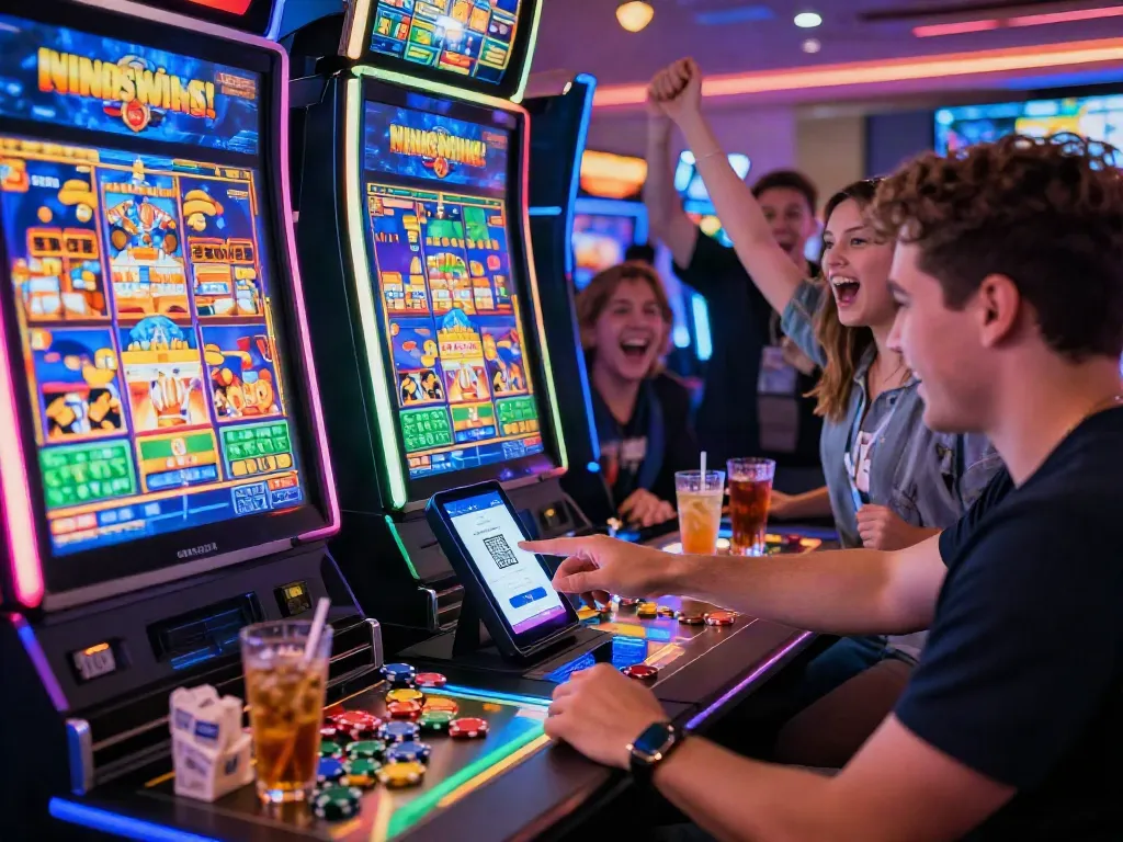 Engaging slot deposit QRIS gaming experience with vibrant machines and mobile app.