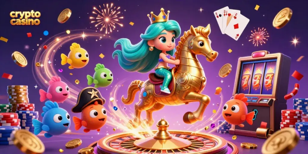 Experience an engaging scene at a crypto casino featuring vibrant characters and casino elements.