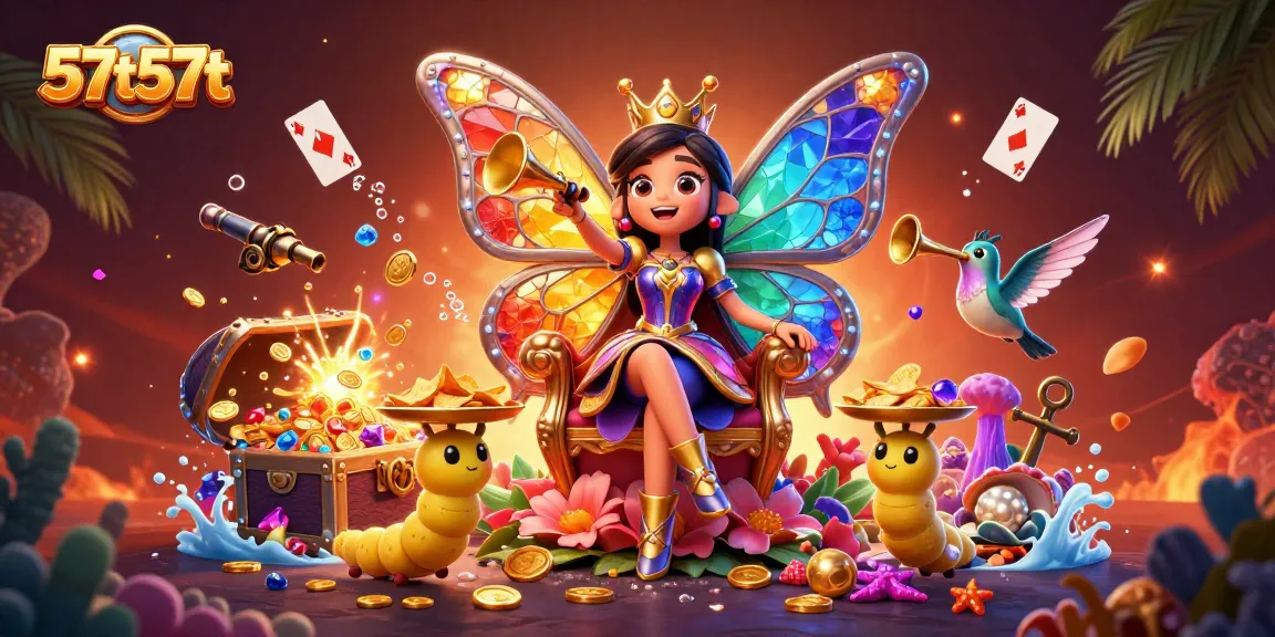 Engage with the fantasy casino scene featuring 57t57t, a vibrant butterfly queen on her throne amidst treasure and gaming elements.