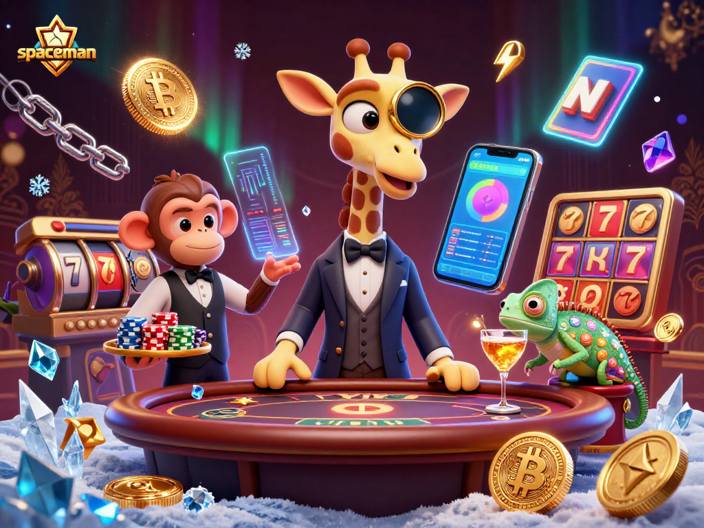 Spin to win with Spaceman, a vibrant casino scene featuring a giraffe and monkey ready to play!