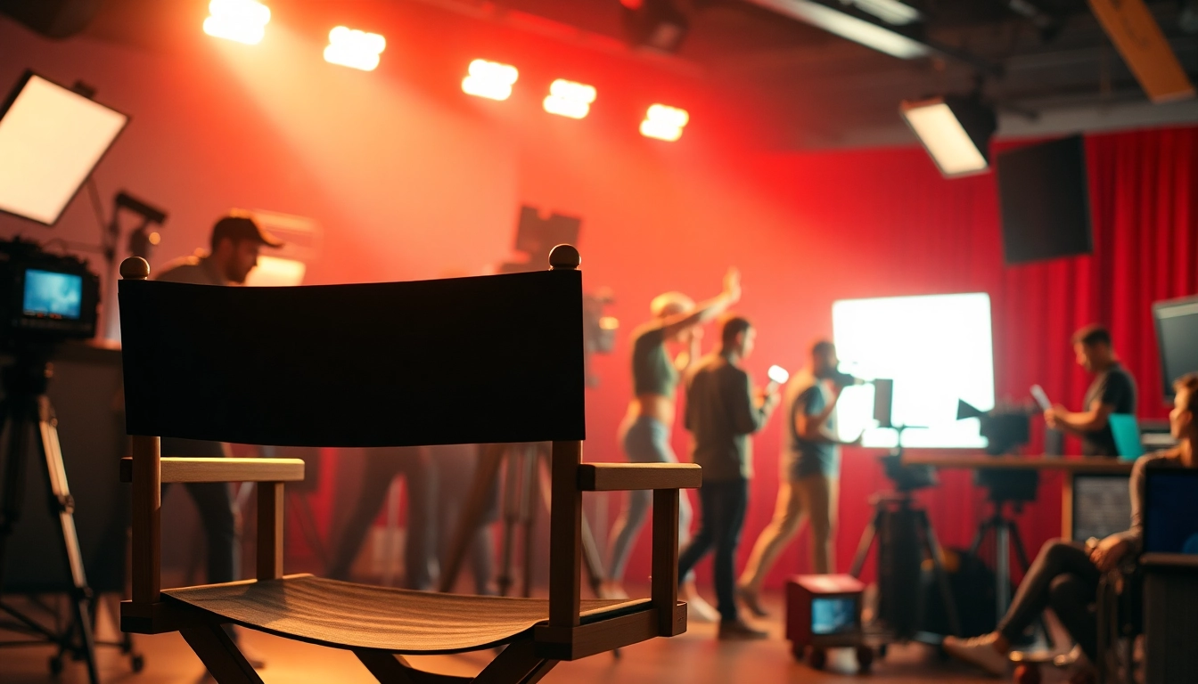 Capturing the essence of showtime in a cinematic production environment, highlighting vibrant sets and teamwork.
