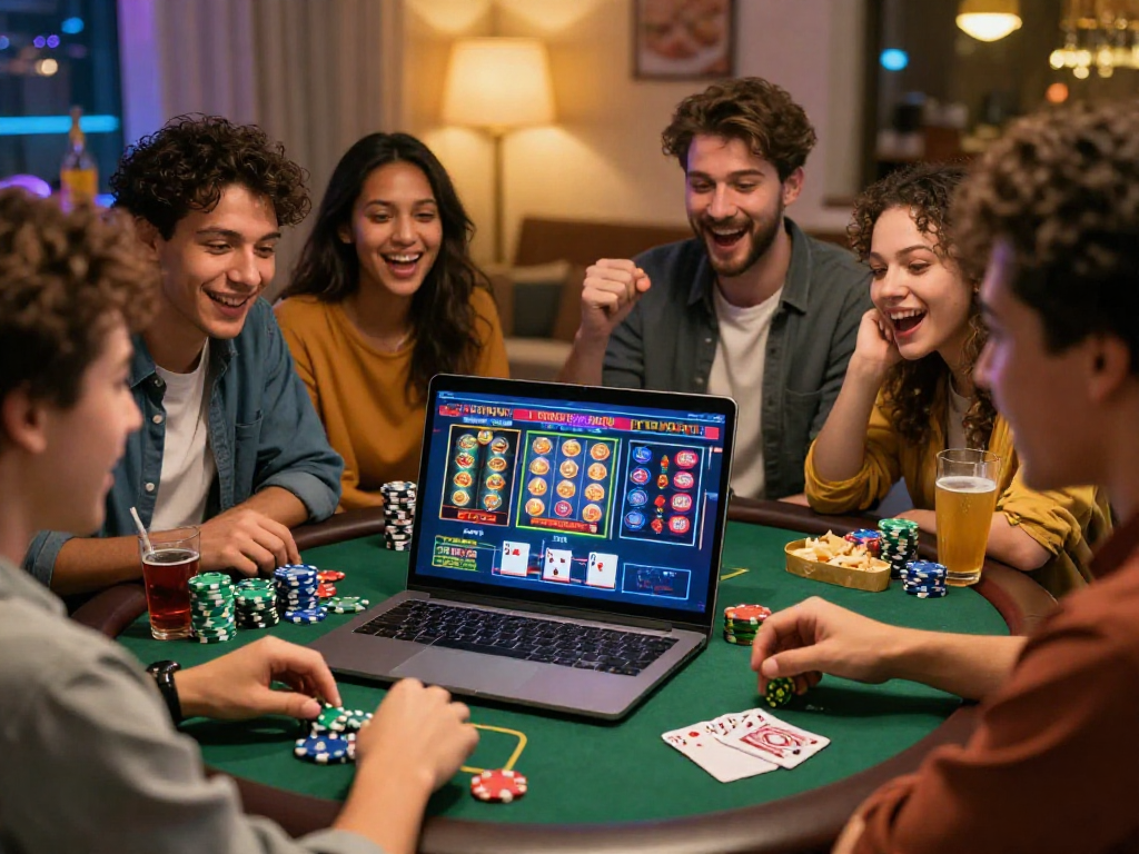 Scène de jeu dans un casino en ligne avec des amis jouant ensemble sur un ordinateur portable et des jeux de casino à l'écran.