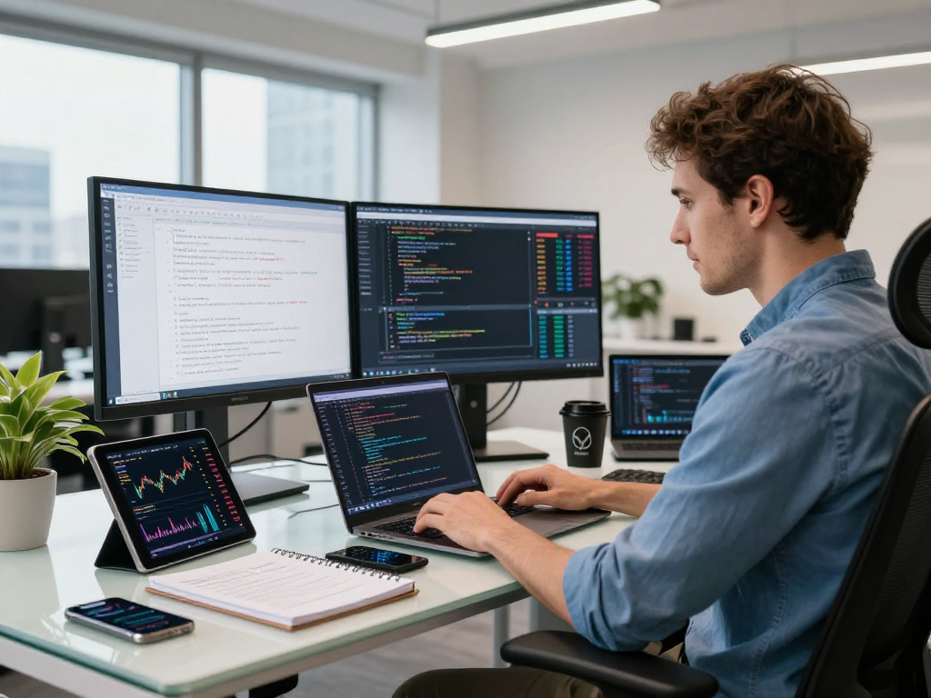 Developer using US stock WebSocket API for real-time market data in a modern office.
