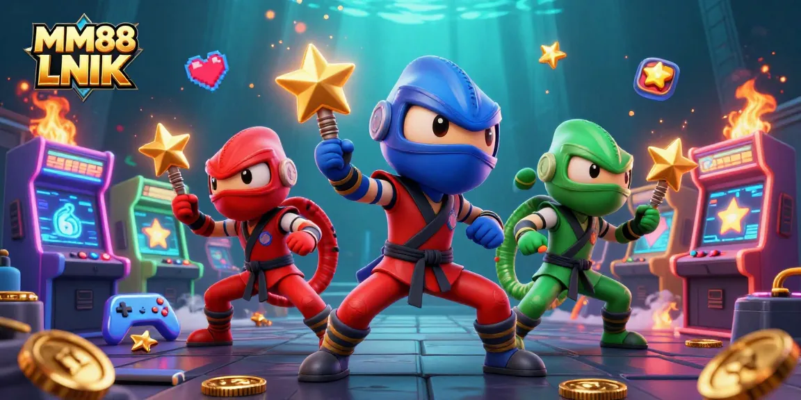 Action-packed MM88 LNIK illustration showcases ninja chameleons in a dynamic gambling arcade setting with vibrant casino elements.