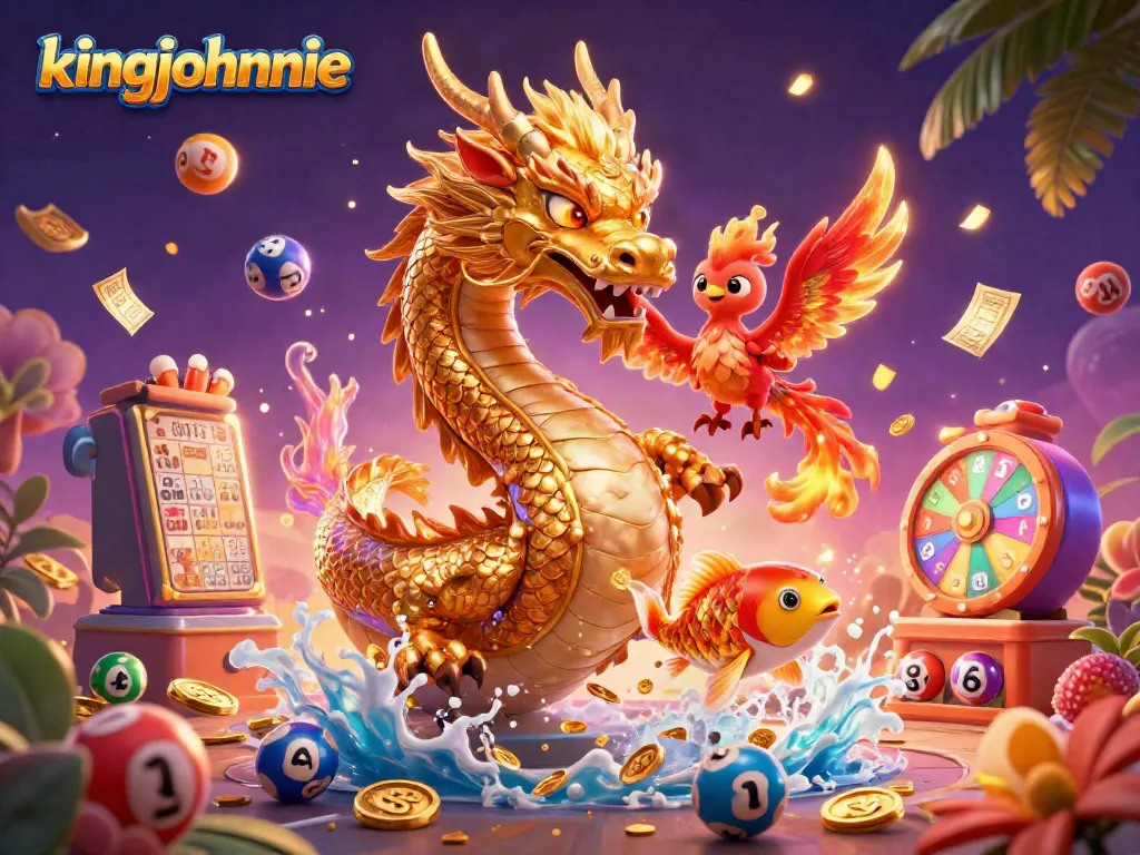 Experience big wins at kingjohnnie with a vibrant 3D illustration showcasing gaming excitement and dynamic elements.