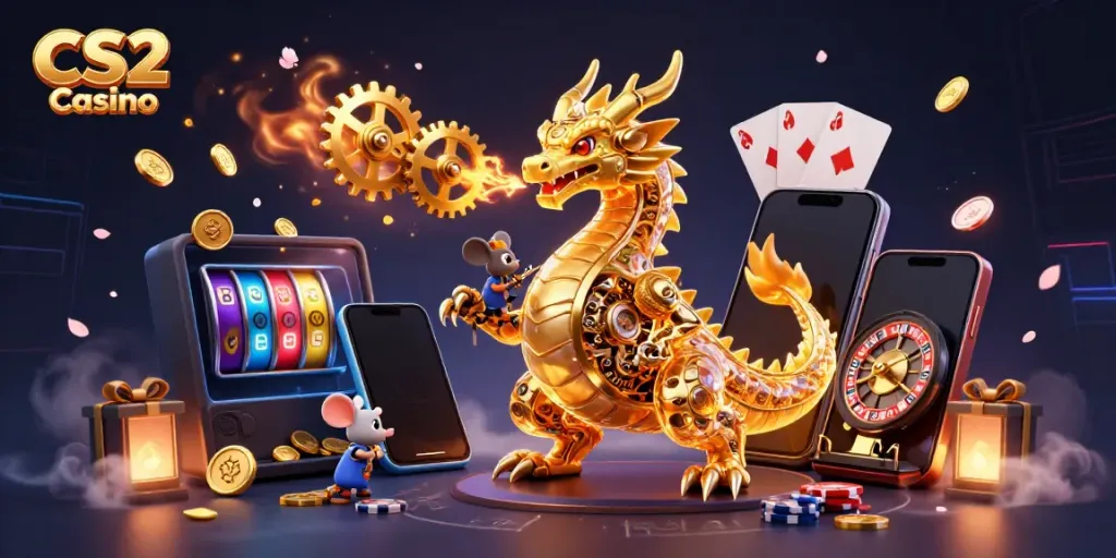 Experience thrilling gameplay at CS2 Casino with a golden dragon and dynamic gaming elements.