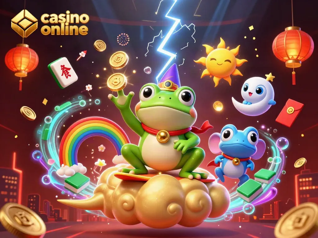 Descubre la emoción del casino online en esta ilustración vibrante de un mago y un camaleón.