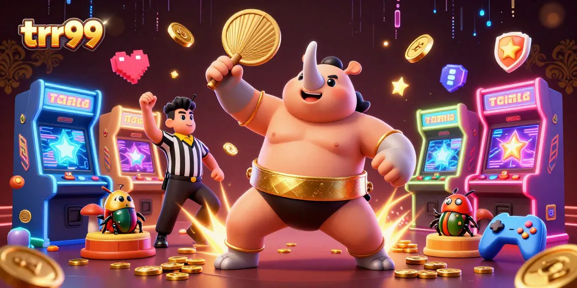Experience thrills at trr99 with cartoon beetle champions, glowing arcade machines, and casino excitement!