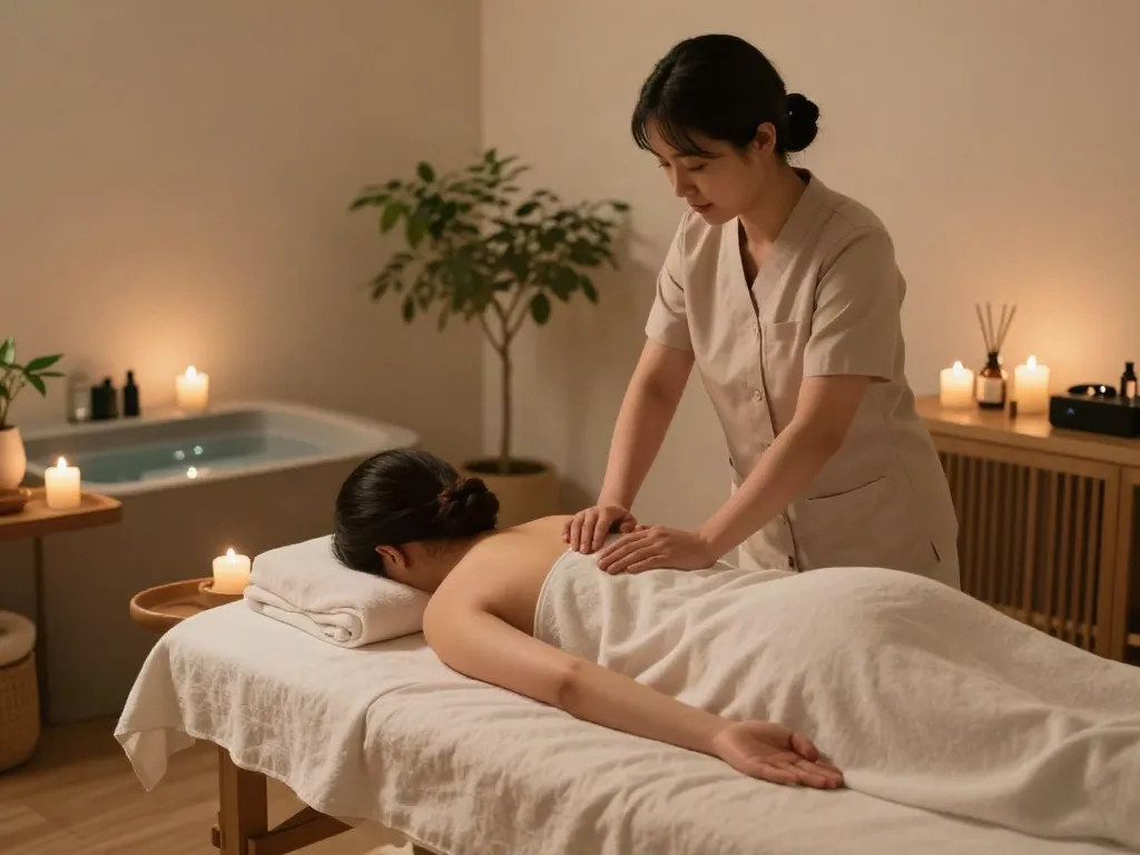 Indulging in 인천출장안마 in a serene massage therapy room with calming decor and soft lighting.