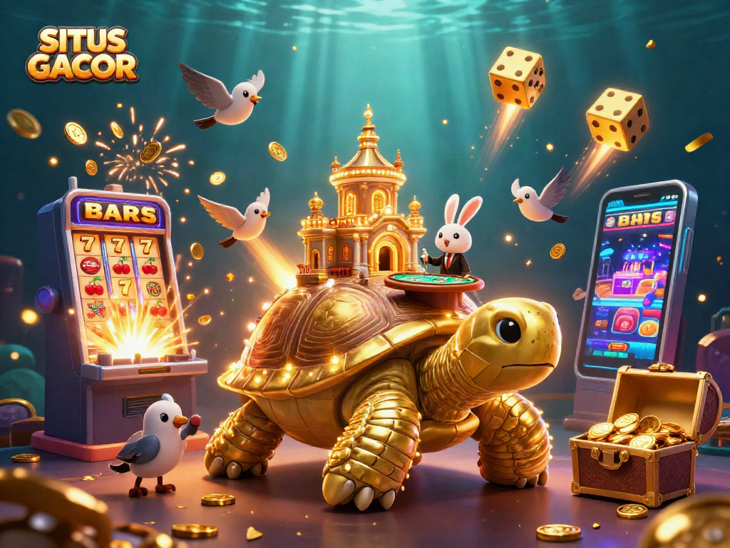 SITUS GACOR presents a dynamic 3D casino scene with a golden tortoise and vibrant game elements.