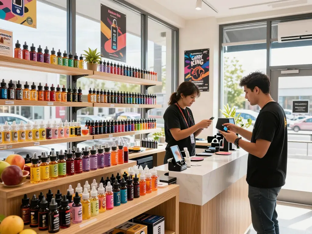 Explore vape juice online options with colorful bottles in a vibrant vape shop.