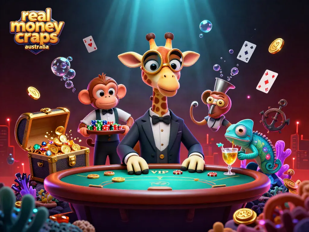 Experience real money craps Australia in this vibrant underwater casino scene featuring a high-roller giraffe.