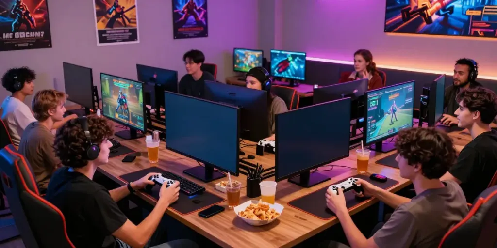 Friends enjoying diverse games on kilat404 in a vibrant gaming lounge.