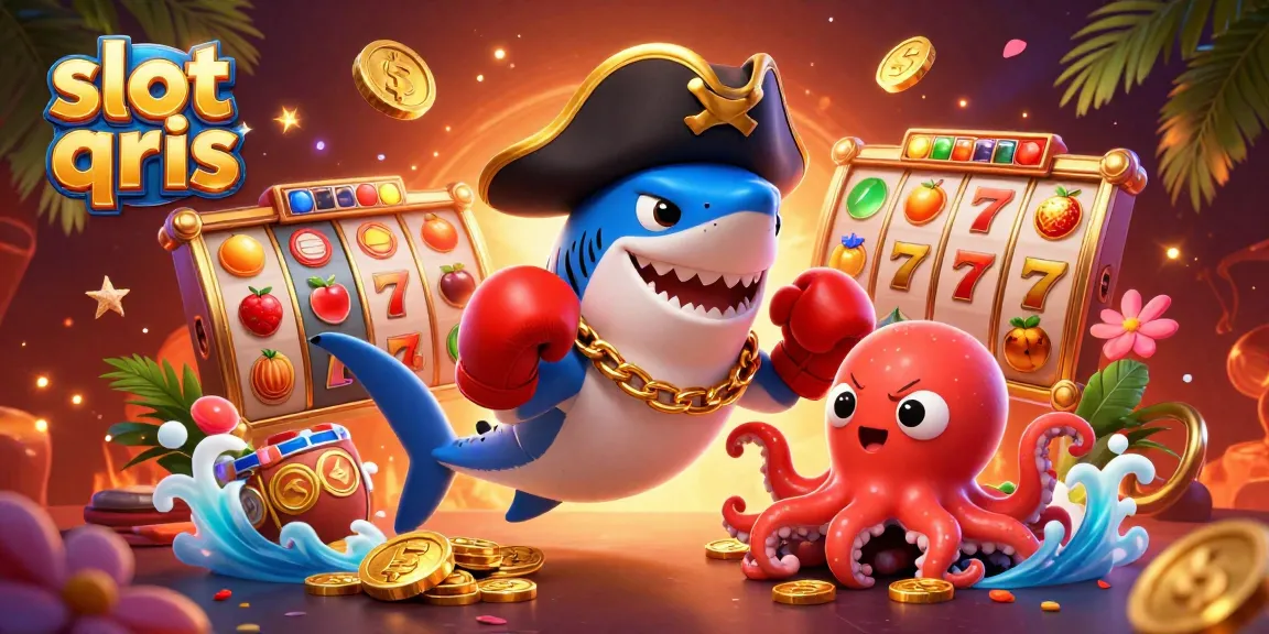 Experience the thrill of slot qris with a lively scene featuring a pirate shark and gold coins.