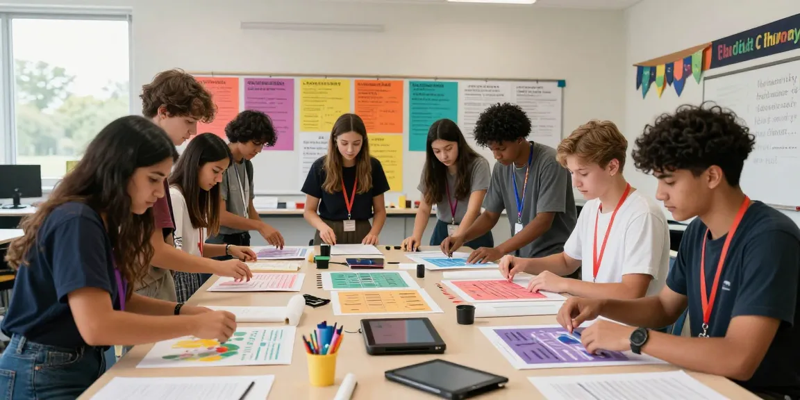 Students using poster printers for schools, collaborating on creative educational projects in a bright classroom.
