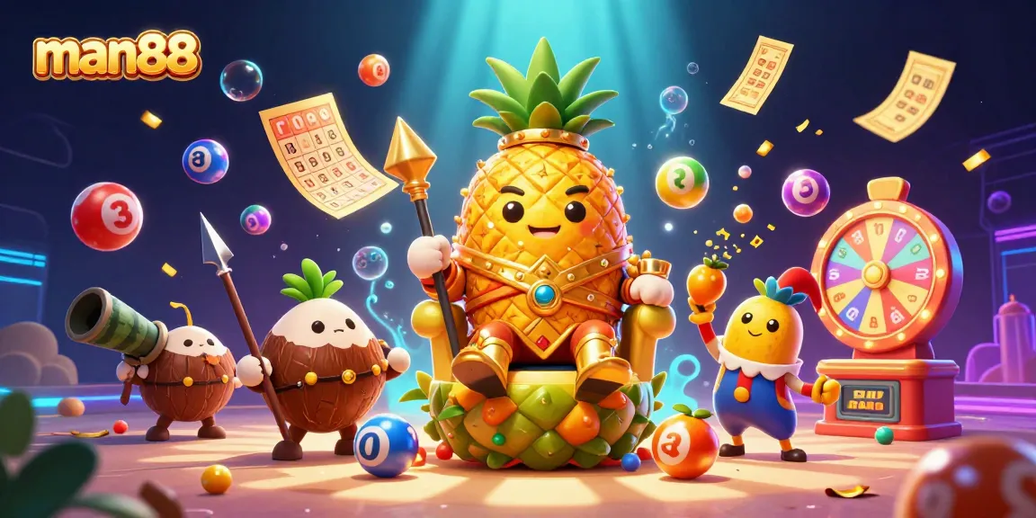 man88 illuminates the gaming landscape with a vibrant, tropical casino scene featuring playful characters and dynamic elements.