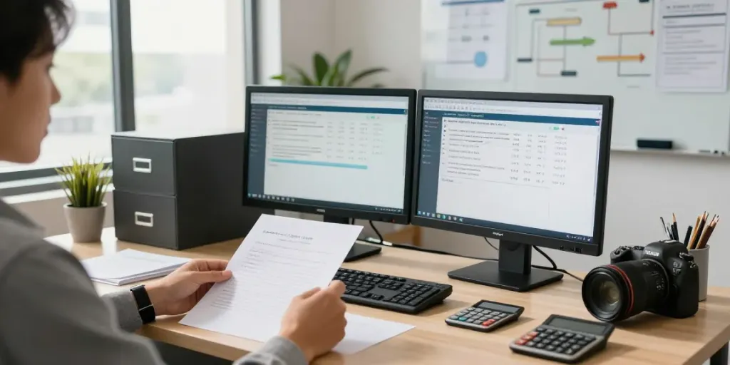 Professional workspace showing software for starting a tax preparation business, tax preparer reviewing documents in a modern office.